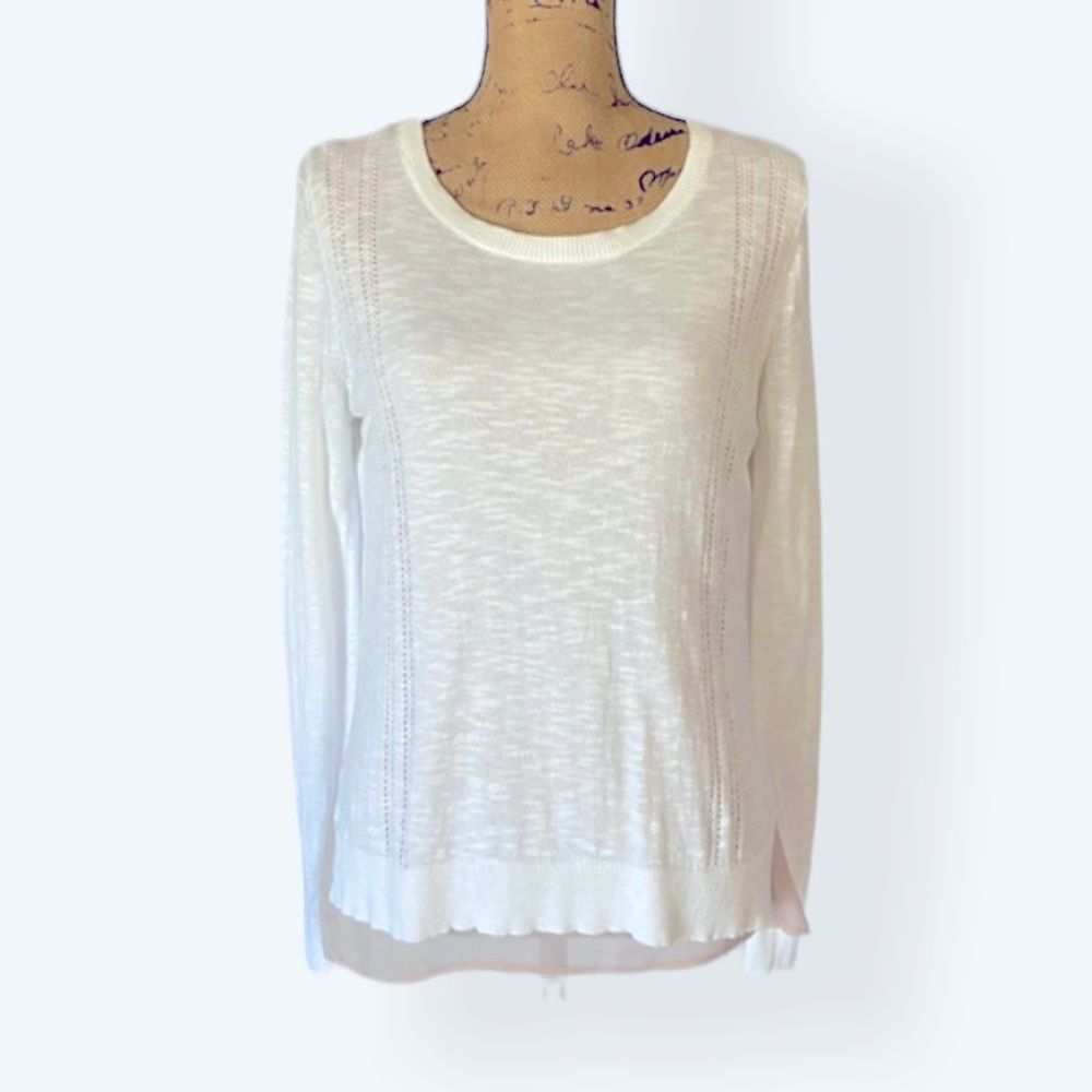 SKIES ARE BLUE Pointelle Pullover Sweater Built-in Chiffon Lining